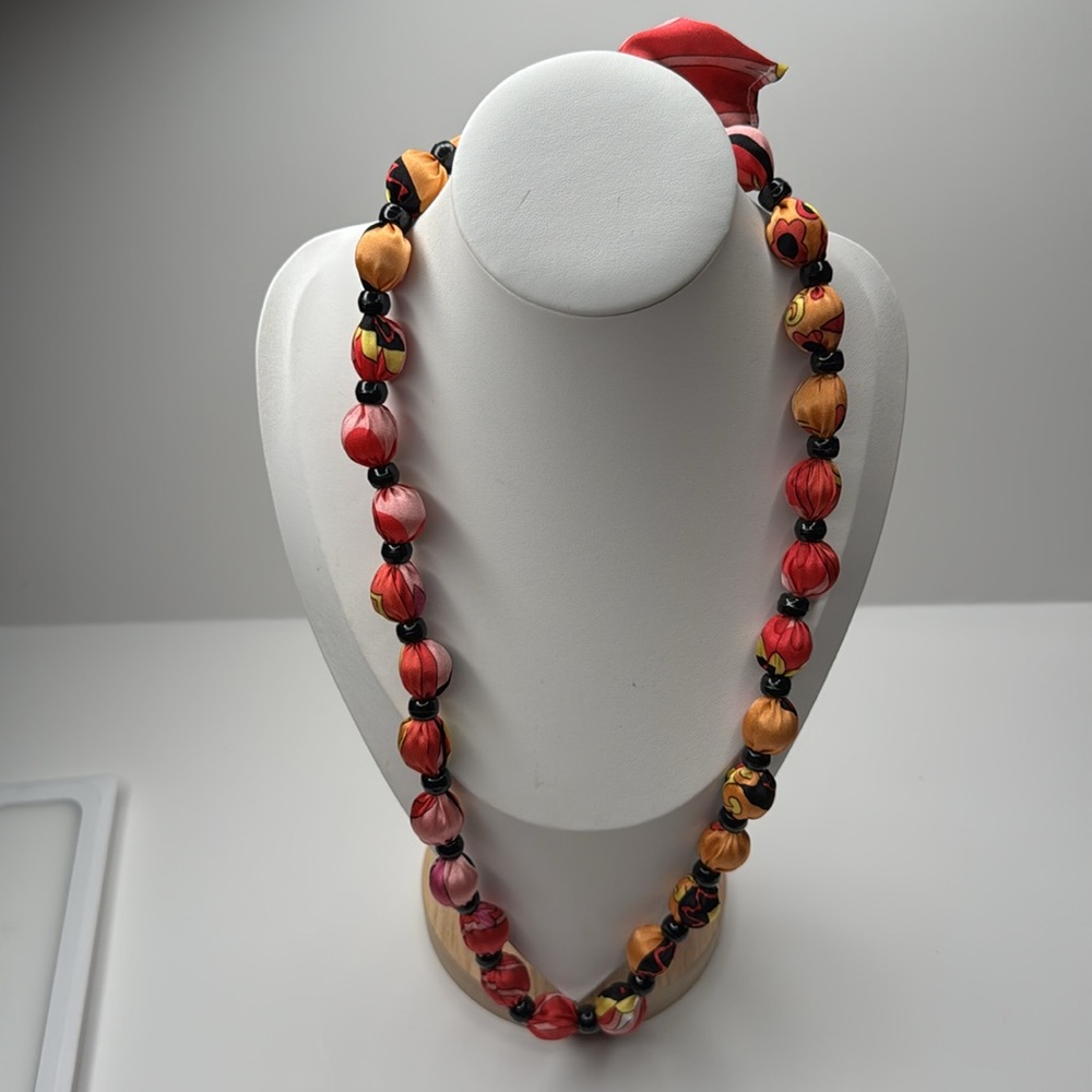Colorful Red Pink Orange Beaded Tie Up Necklace 24”